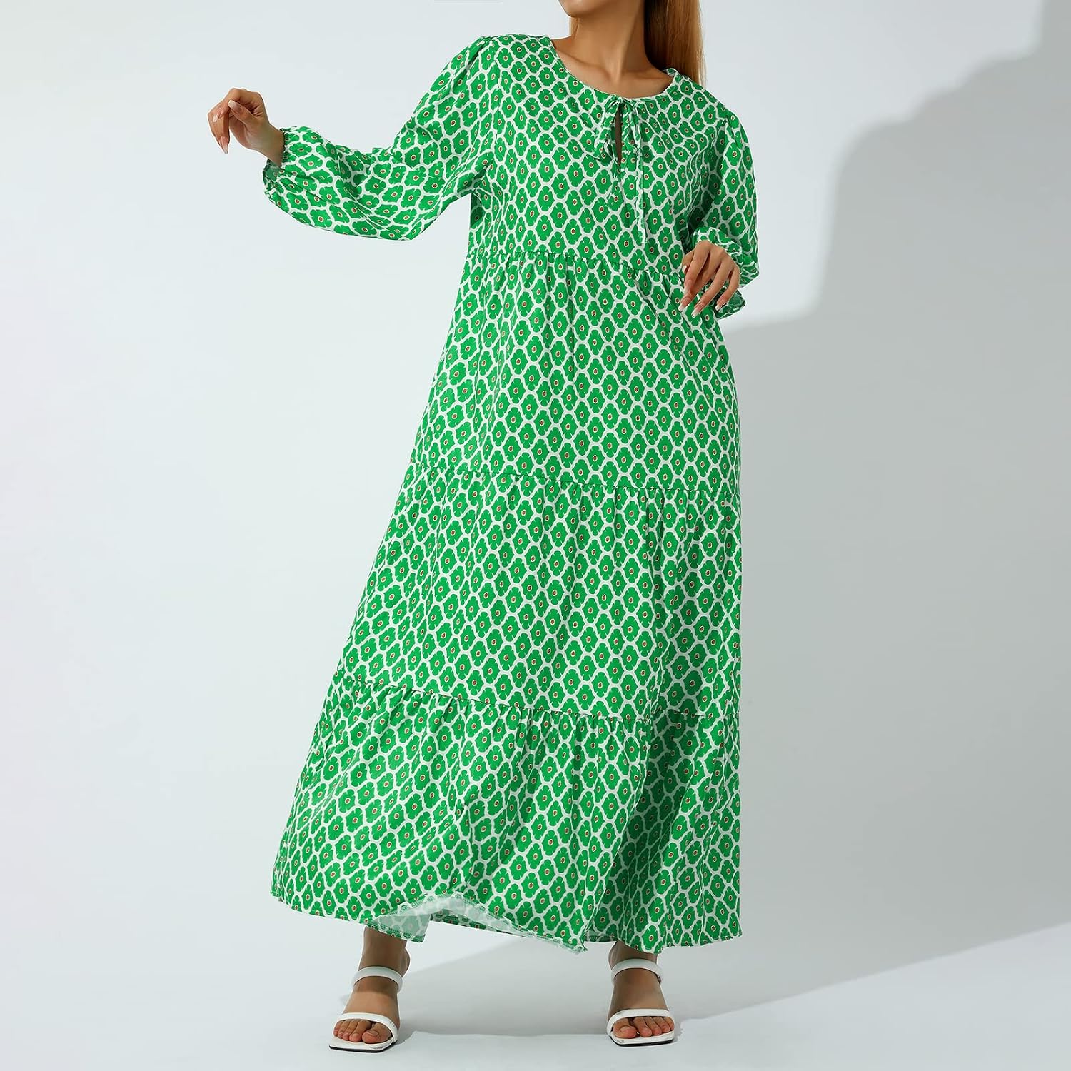 Vestito Maxi Boho a Balze con Scollo a V