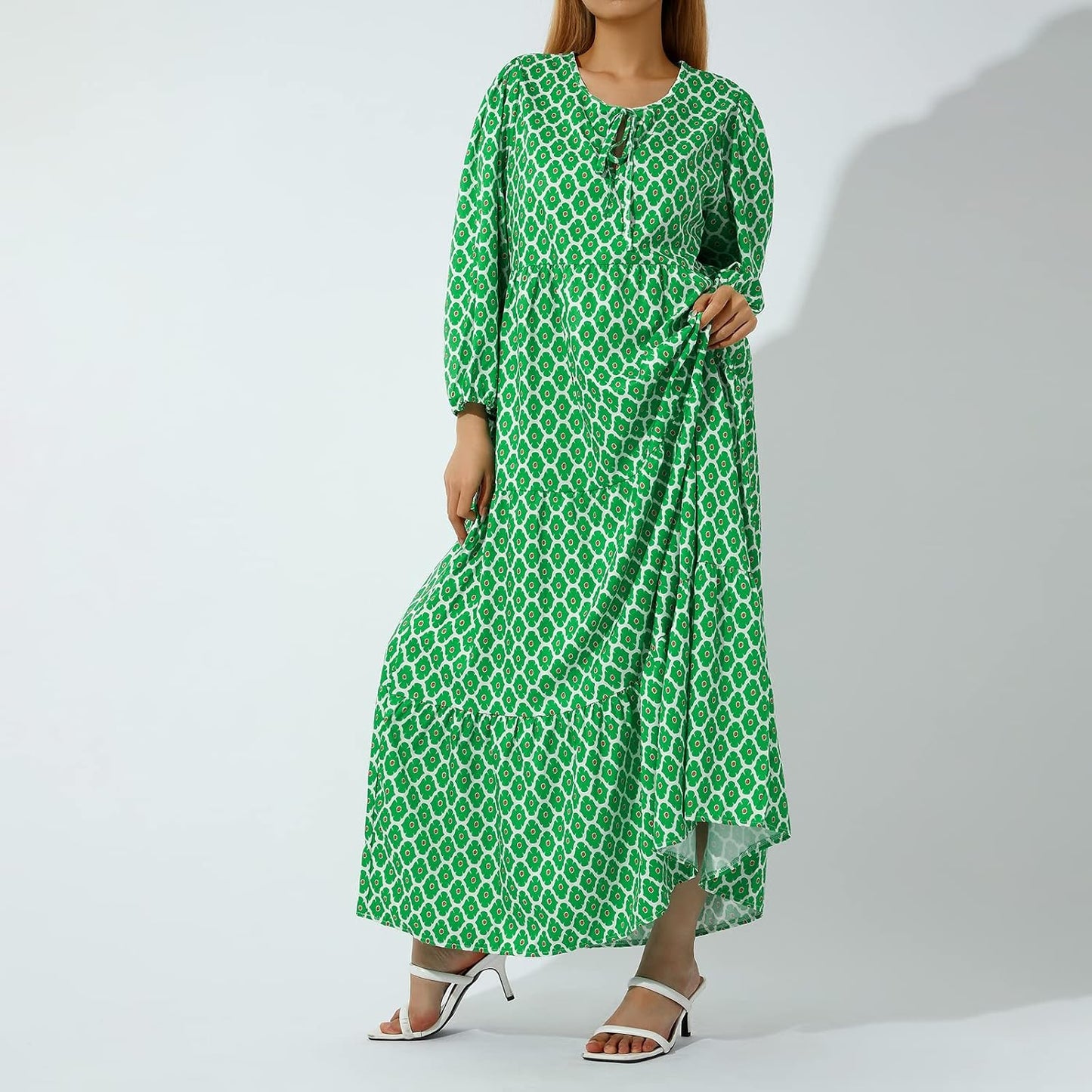 Vestito Maxi Boho a Balze con Scollo a V
