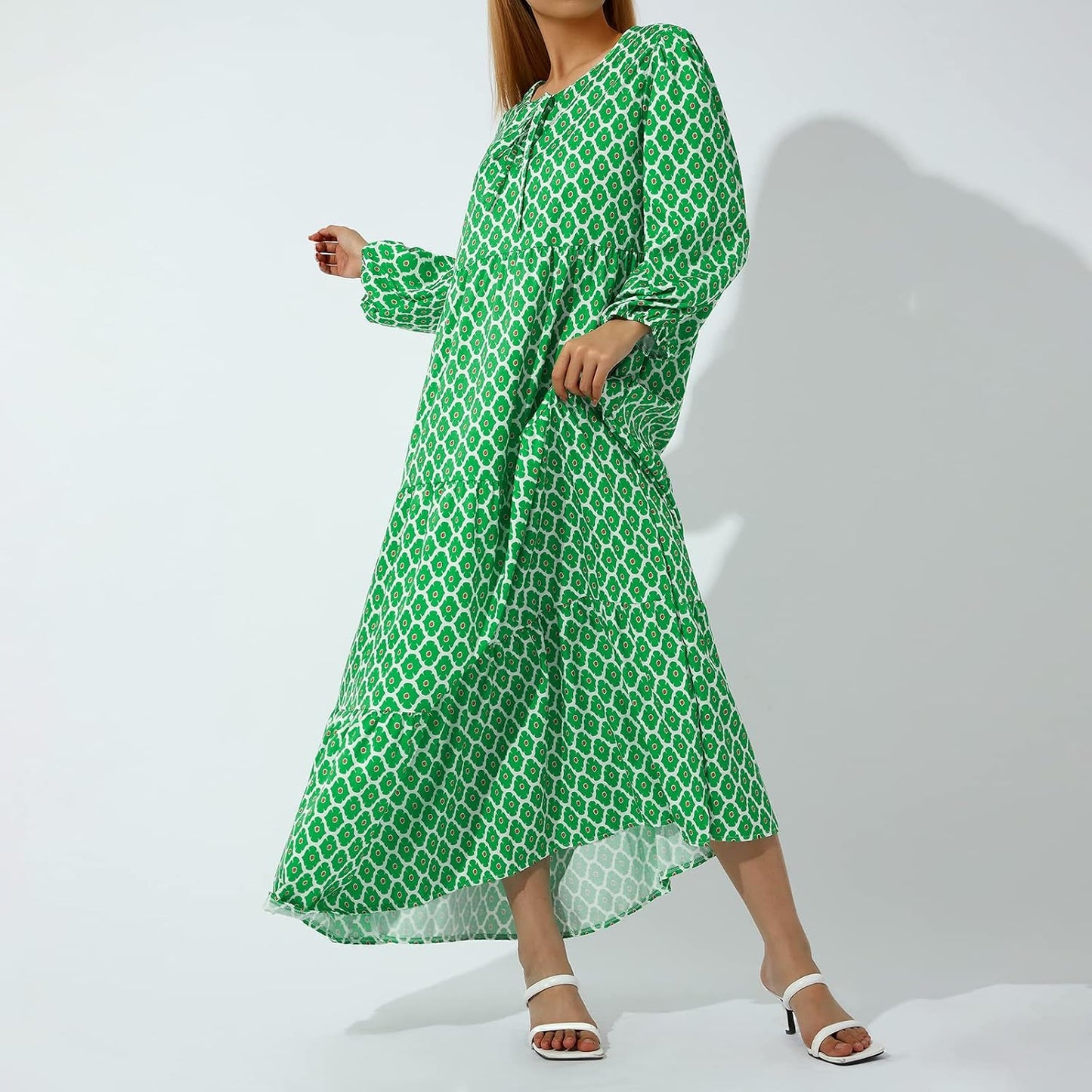 Vestito Maxi Boho a Balze con Scollo a V