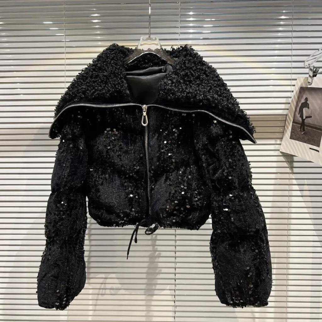 Giacca corta da ragazza alla moda in cotone invernale, con colletto spazzolato fatto a mano, ornata di paillettes e velluto