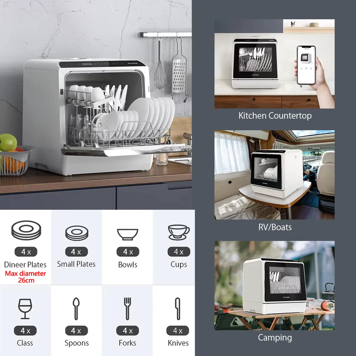 Tabletop Portable Dishwasher Automatic Mini Dishwasher with 5L Built-in Water Tank and Inlet Hose,4 Washing Programs Drying