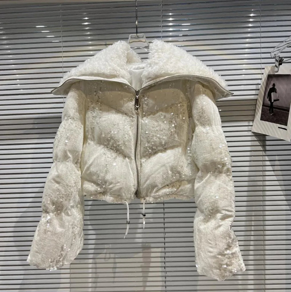Giacca corta da ragazza alla moda in cotone invernale, con colletto spazzolato fatto a mano, ornata di paillettes e velluto