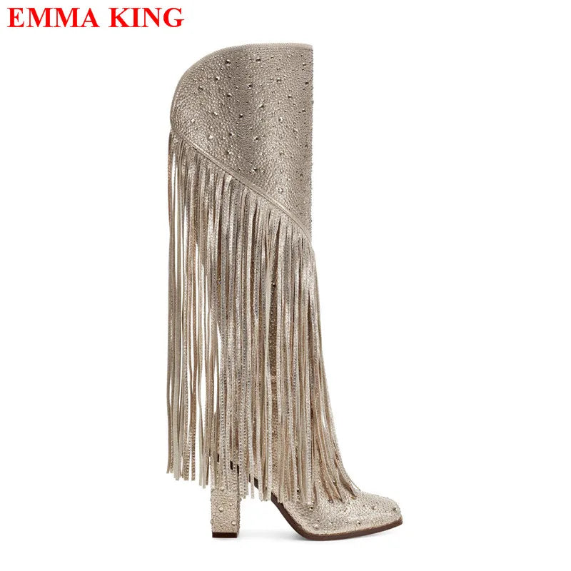 Nuovi stivali femminili con frange alte al ginocchio con strass Tacchi grossi di lusso Stivali lunghi da donna Moda Nappa Punta a punta Scarpe da festa Donna