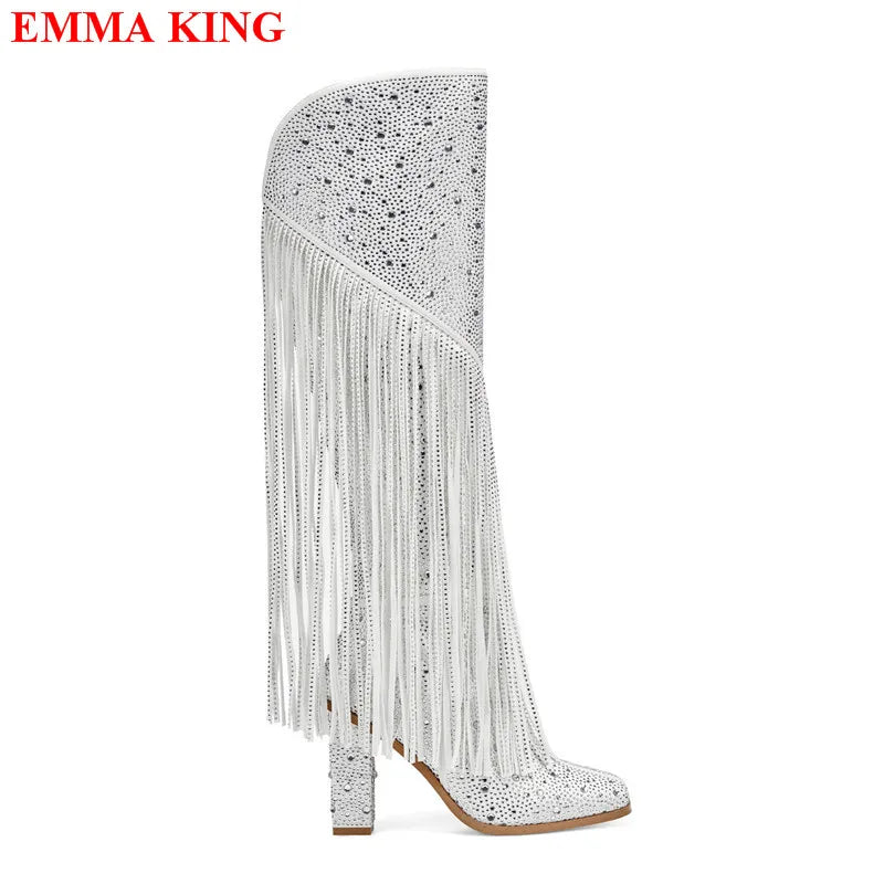 Nuovi stivali femminili con frange alte al ginocchio con strass Tacchi grossi di lusso Stivali lunghi da donna Moda Nappa Punta a punta Scarpe da festa Donna