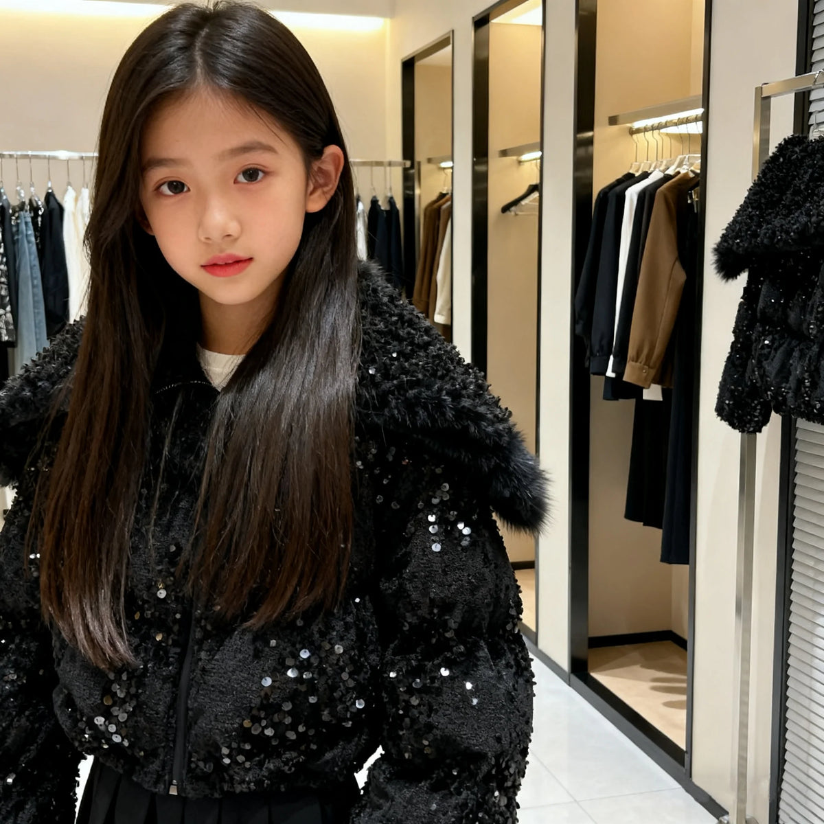 Giacca corta da ragazza alla moda in cotone invernale, con colletto spazzolato fatto a mano, ornata di paillettes e velluto