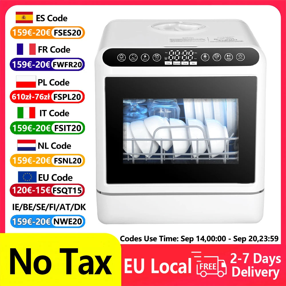 Tabletop Portable Dishwasher Automatic Mini Dishwasher with 5L Built-in Water Tank and Inlet Hose,4 Washing Programs Drying