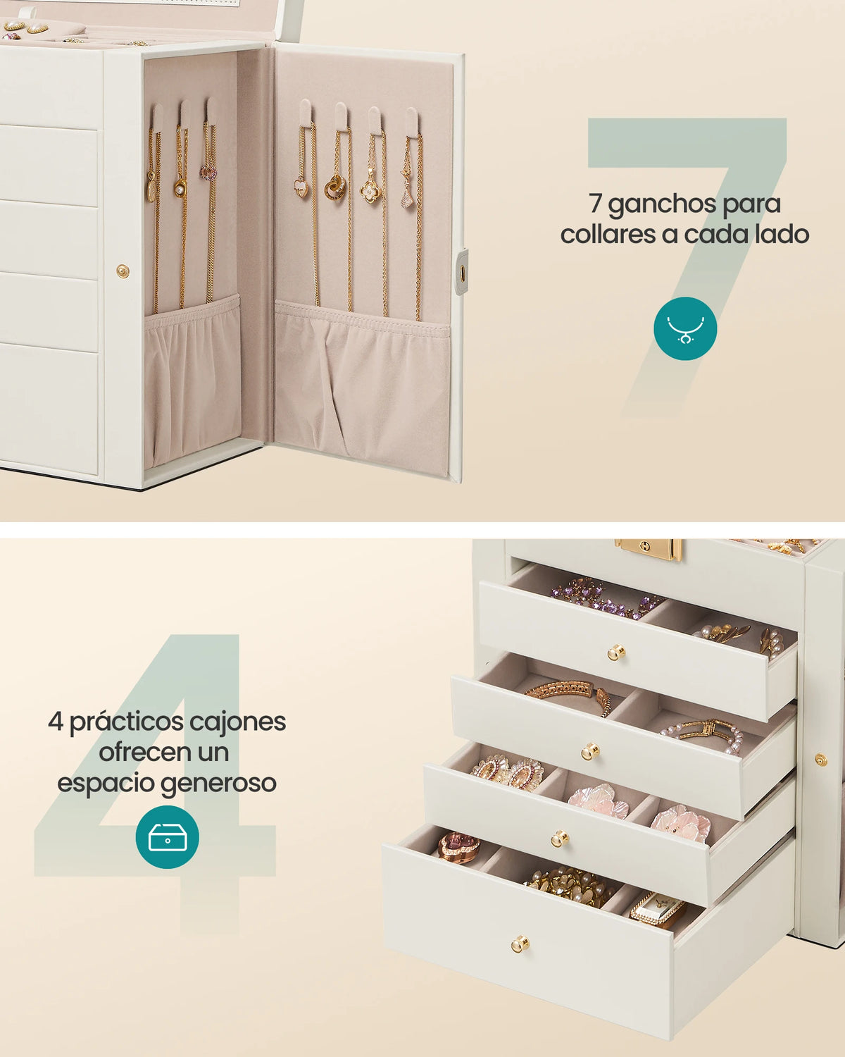 SONGMICS 5-Level Jewelry Box with Mirror, Lock, and 4 Drawers, Spacious Jewelry Organizer for Necklaces, Earrings, and Watches, Cream White, Perfect Gift for Loved Ones, Durable PU and MDF Material
