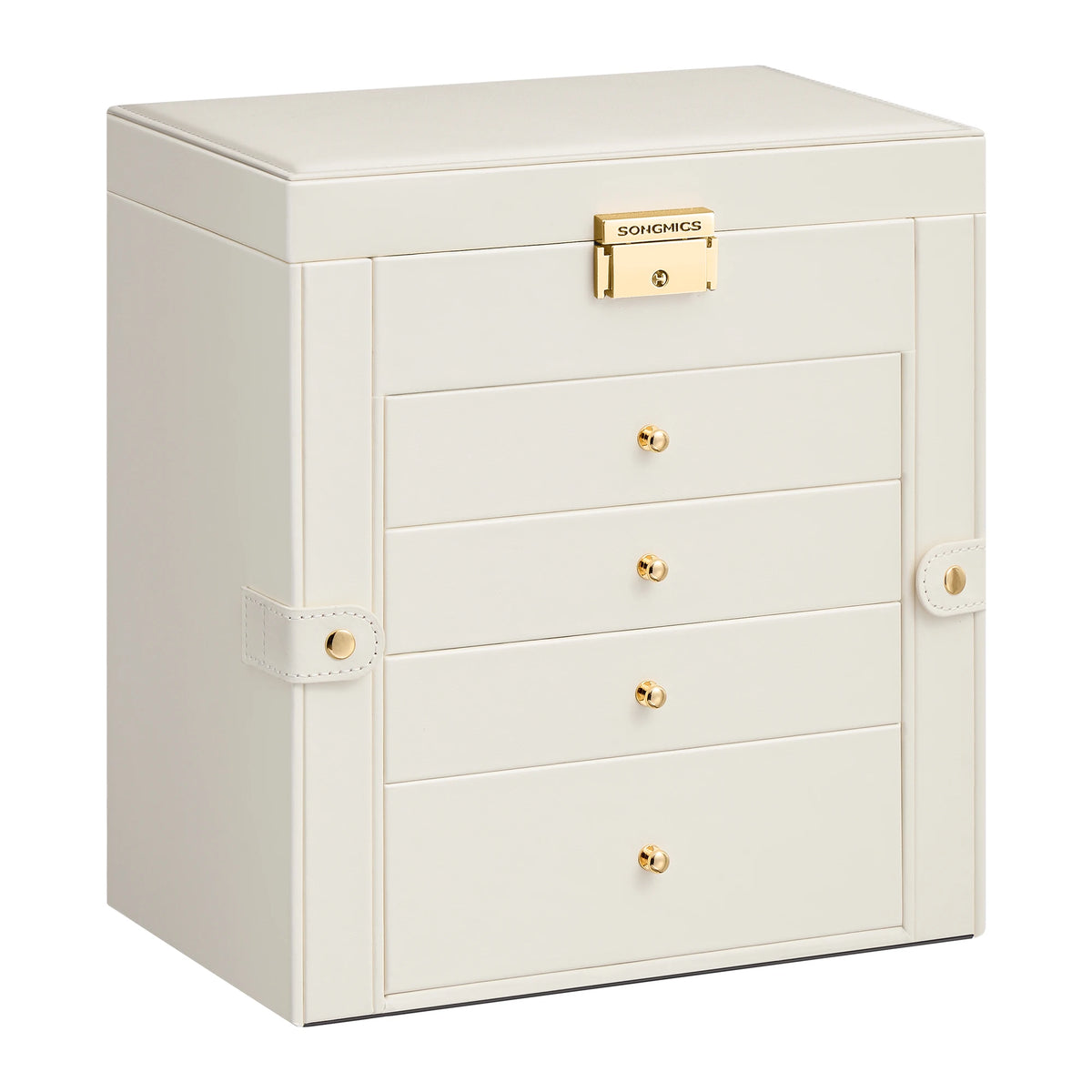 SONGMICS 5-Level Jewelry Box with Mirror, Lock, and 4 Drawers, Spacious Jewelry Organizer for Necklaces, Earrings, and Watches, Cream White, Perfect Gift for Loved Ones, Durable PU and MDF Material