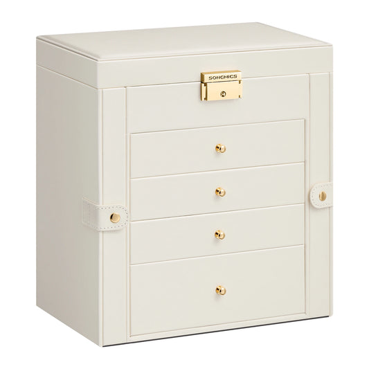 SONGMICS 5-Level Jewelry Box with Mirror, Lock, and 4 Drawers, Spacious Jewelry Organizer for Necklaces, Earrings, and Watches, Cream White, Perfect Gift for Loved Ones, Durable PU and MDF Material