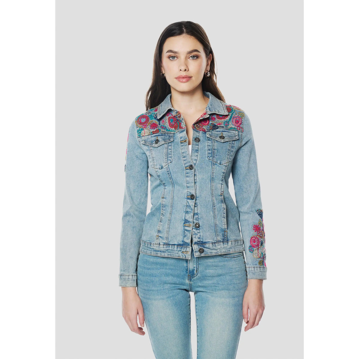 Giacca corta in denim da donna Koroshi ricamo floreale blu | Koroshi
