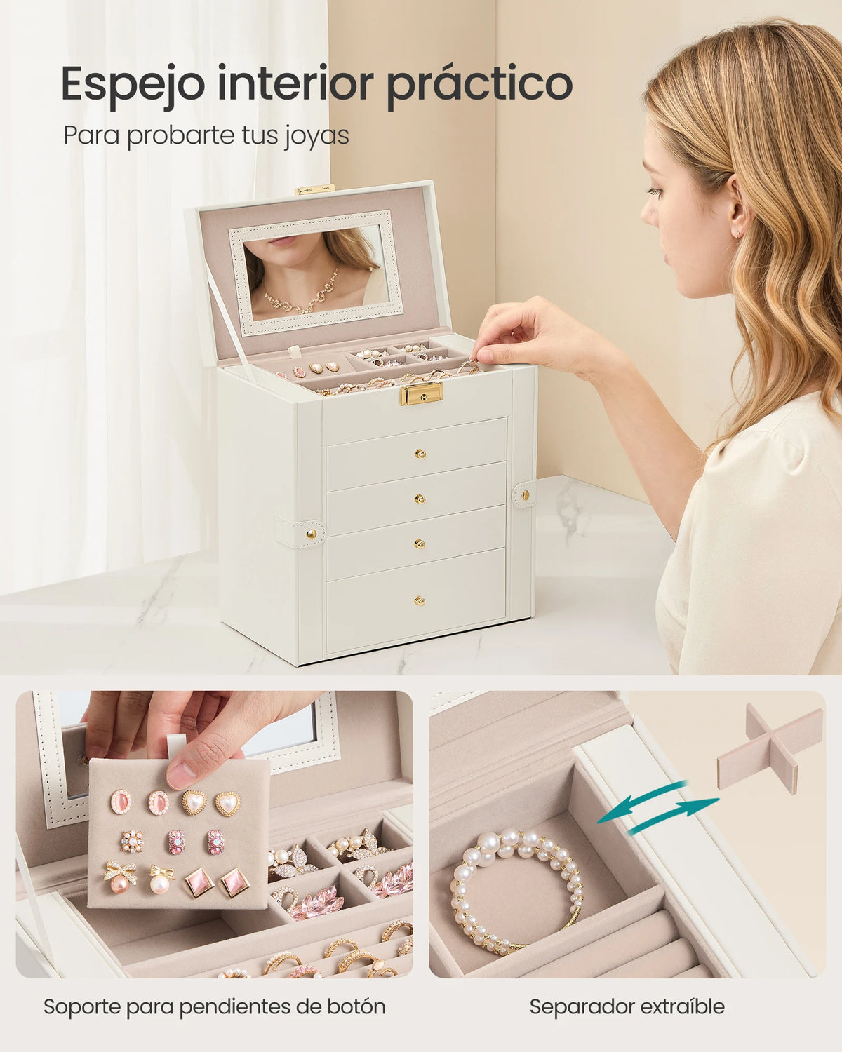SONGMICS 5-Level Jewelry Box with Mirror, Lock, and 4 Drawers, Spacious Jewelry Organizer for Necklaces, Earrings, and Watches, Cream White, Perfect Gift for Loved Ones, Durable PU and MDF Material
