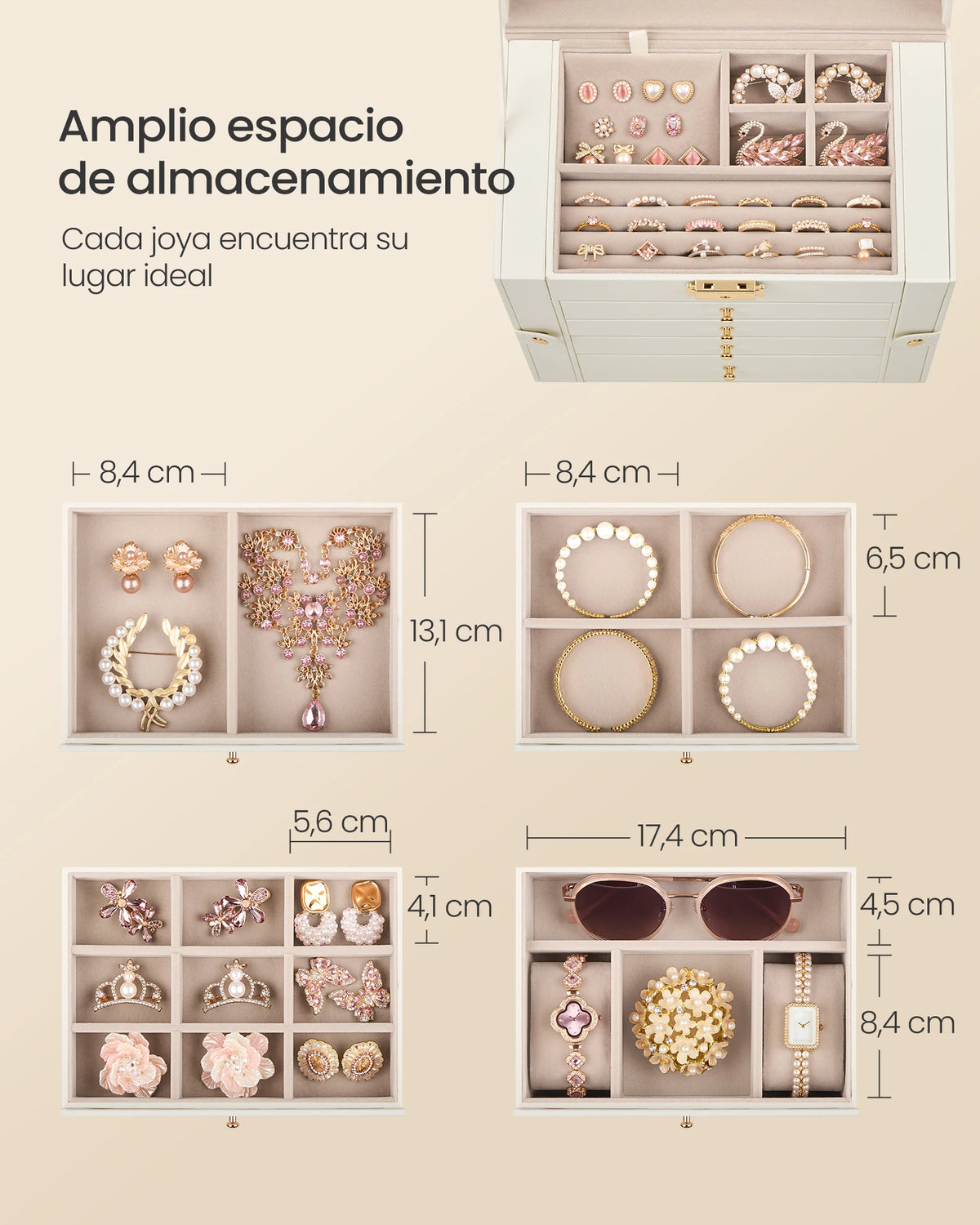 SONGMICS 5-Level Jewelry Box with Mirror, Lock, and 4 Drawers, Spacious Jewelry Organizer for Necklaces, Earrings, and Watches, Cream White, Perfect Gift for Loved Ones, Durable PU and MDF Material