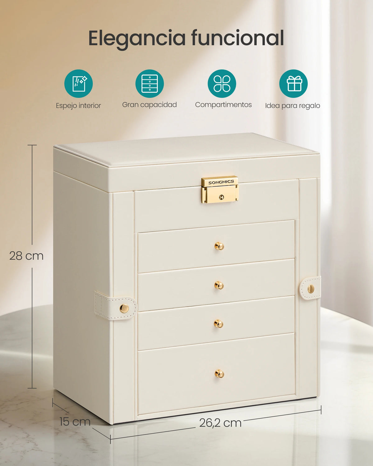 SONGMICS 5-Level Jewelry Box with Mirror, Lock, and 4 Drawers, Spacious Jewelry Organizer for Necklaces, Earrings, and Watches, Cream White, Perfect Gift for Loved Ones, Durable PU and MDF Material