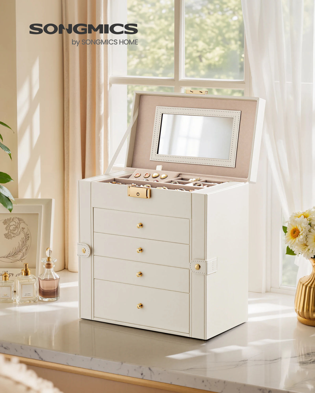 SONGMICS 5-Level Jewelry Box with Mirror, Lock, and 4 Drawers, Spacious Jewelry Organizer for Necklaces, Earrings, and Watches, Cream White, Perfect Gift for Loved Ones, Durable PU and MDF Material