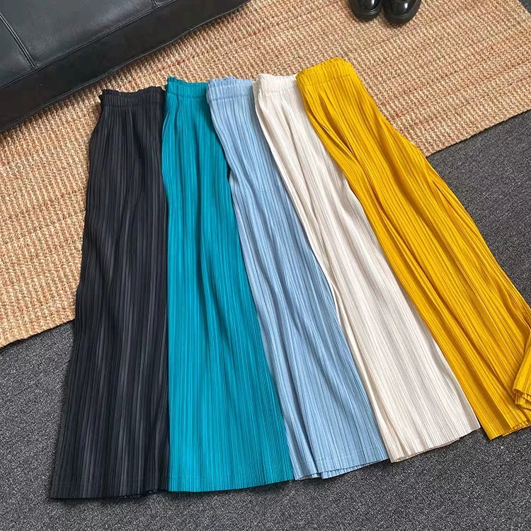 Pantaloni a vita alta a pieghe dritti larghi classici di design Miyake eleganti casual da donna primavera estate autunno disponibili