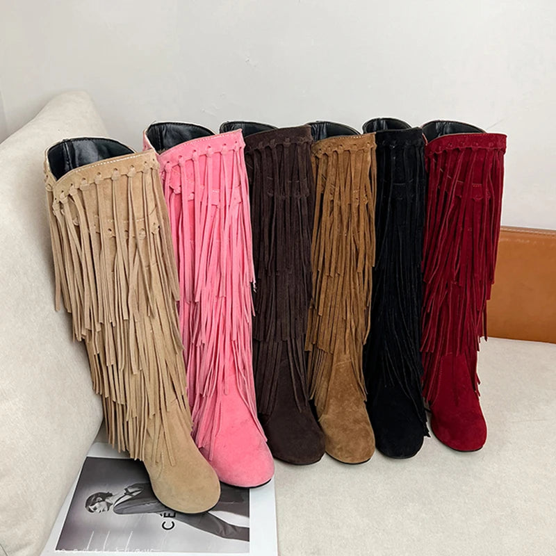 2022 primavera nuovo tacco alto con scollo a v con frange stivali da donna punta tonda impermeabile moda Sexy Set di piedi stivali da principessa