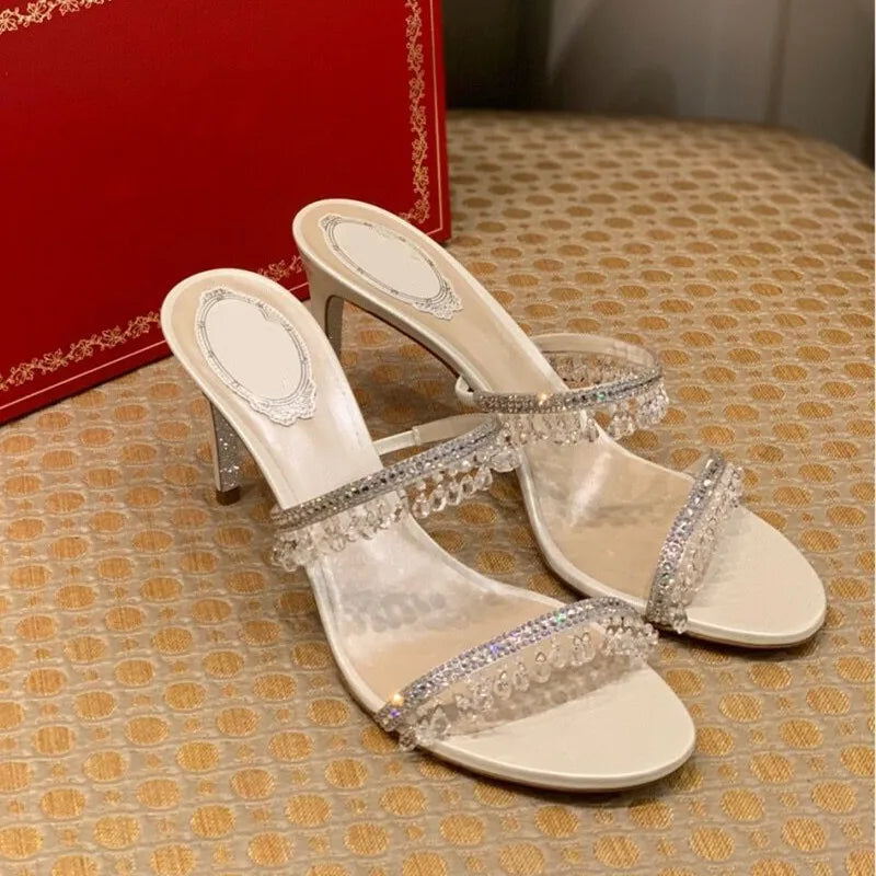 Sandali con ciondolo in cristallo pantofole a spillo da donna punta aperta tacchi alti sandali scarpe da sposa per feste femminili donna nuova estate