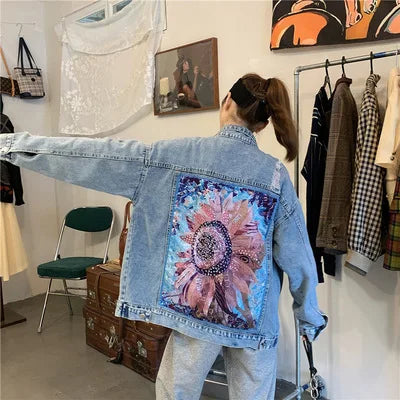 Giacca di jeans da donna cappotto con foro di diamanti Appliques floreali ricamo femminile primavera autunno Casual allentato capispalla da Cowboy