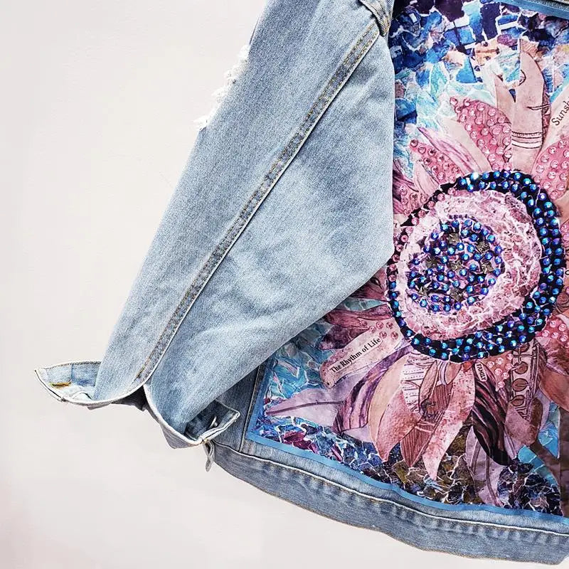 Giacca di jeans da donna cappotto con foro di diamanti Appliques floreali ricamo femminile primavera autunno Casual allentato capispalla da Cowboy