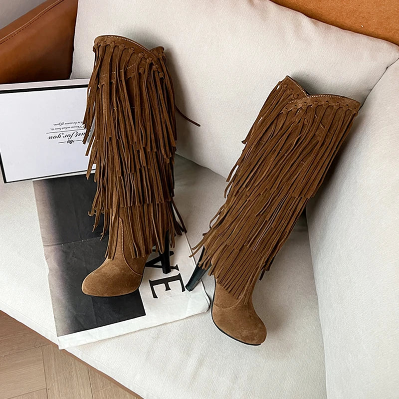 2022 primavera nuovo tacco alto con scollo a v con frange stivali da donna punta tonda impermeabile moda Sexy Set di piedi stivali da principessa