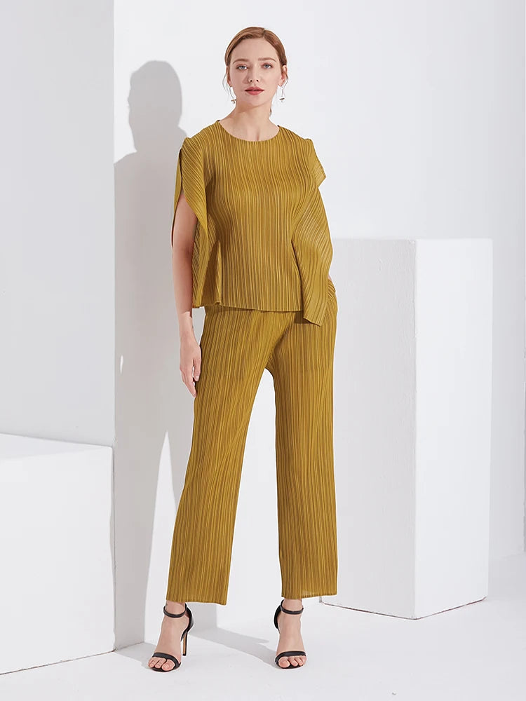 Pantaloni a vita alta a pieghe dritti larghi classici di design Miyake eleganti casual da donna primavera estate autunno disponibili