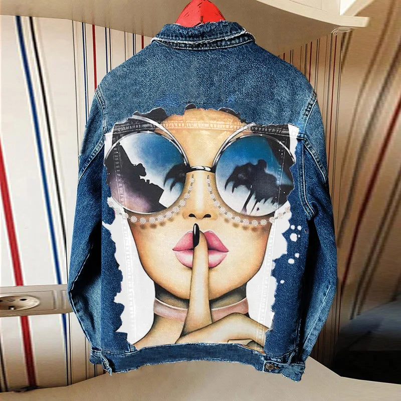 Giacca di jeans Casual per donna, stampa di personalità della ragazza della città, autunno e inverno, vendita calda, commercio estero, nuovo cappotto, all'ingrosso