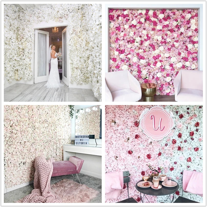 Flores de pared de fondo de seda rosa, decoración de boda, panel de pared de flores artificiales personalizado para telones de fondo de decoración del hogar, baby shower