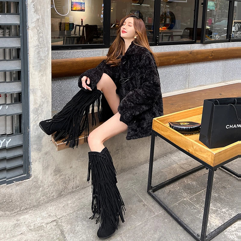 2022 primavera nuovo tacco alto con scollo a v con frange stivali da donna punta tonda impermeabile moda Sexy Set di piedi stivali da principessa