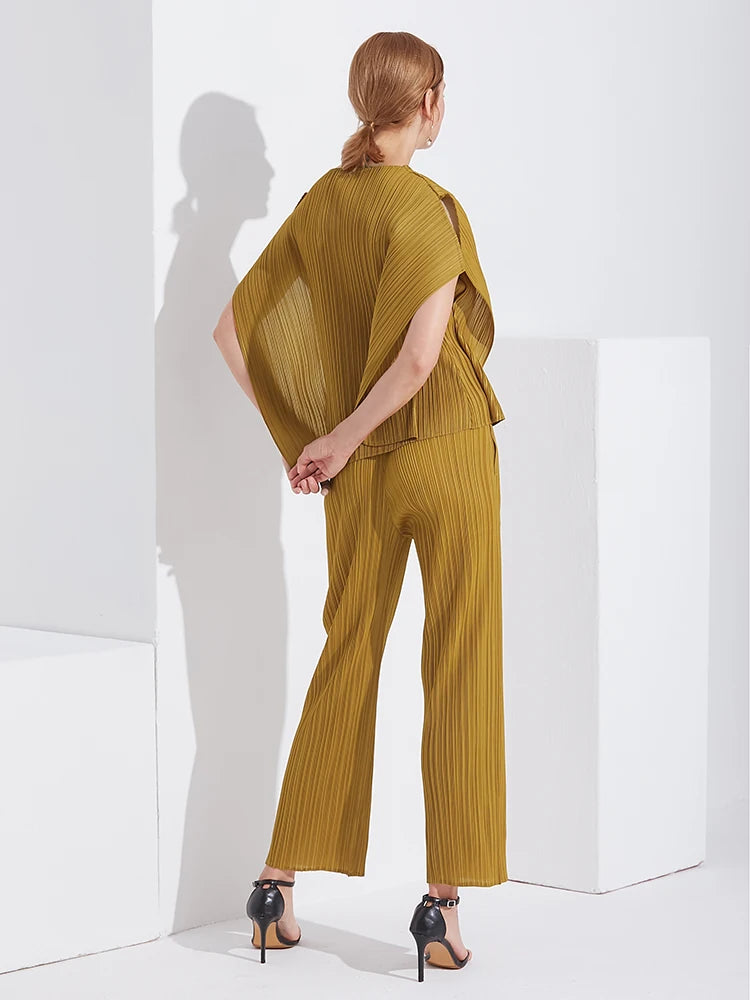 Pantaloni a vita alta a pieghe dritti larghi classici di design Miyake eleganti casual da donna primavera estate autunno disponibili