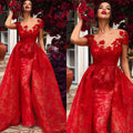 Abiti da ballo in pizzo rosso a maniche corte Abito formale a sirena Abito lungo con applicazioni staccabili Abiti da sera eleganti Robe De Soiree
