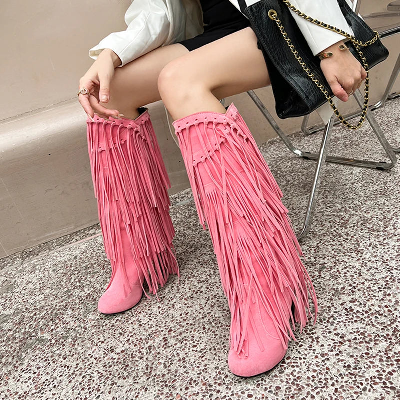 2022 primavera nuovo tacco alto con scollo a v con frange stivali da donna punta tonda impermeabile moda Sexy Set di piedi stivali da principessa