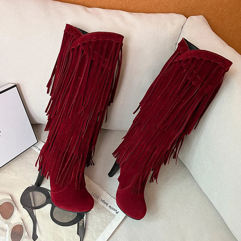 2022 primavera nuovo tacco alto con scollo a v con frange stivali da donna punta tonda impermeabile moda Sexy Set di piedi stivali da principessa