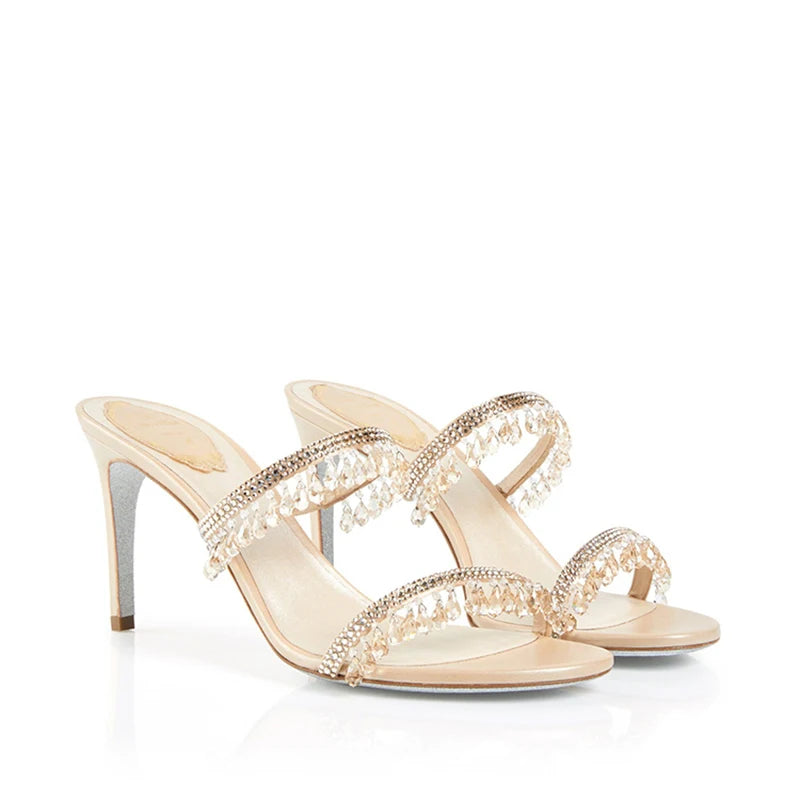 Sandali con ciondolo in cristallo pantofole a spillo da donna punta aperta tacchi alti sandali scarpe da sposa per feste femminili donna nuova estate