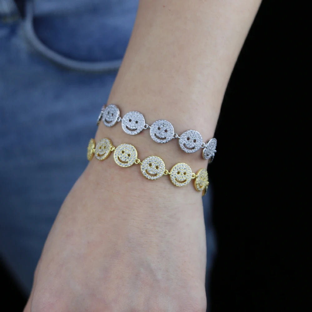 Braccialetti con ciondoli a disco con faccina sorriso felice, moda estiva, micro pavé di zirconi cubici, buona fortuna, per gioielli regalo di compleanno da donna