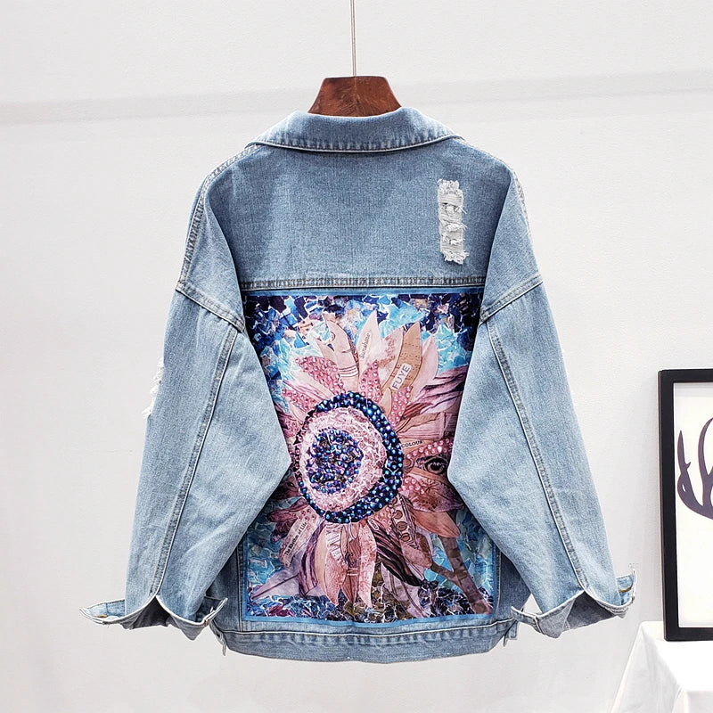Giacca di jeans da donna cappotto con foro di diamanti Appliques floreali ricamo femminile primavera autunno Casual allentato capispalla da Cowboy