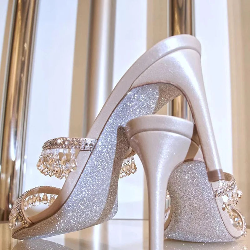 Sandali con ciondolo in cristallo pantofole a spillo da donna punta aperta tacchi alti sandali scarpe da sposa per feste femminili donna nuova estate