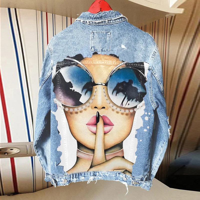 Giacca di jeans Casual per donna, stampa di personalità della ragazza della città, autunno e inverno, vendita calda, commercio estero, nuovo cappotto, all'ingrosso