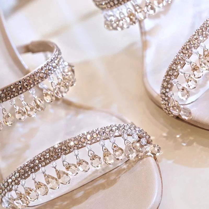 Sandali con ciondolo in cristallo pantofole a spillo da donna punta aperta tacchi alti sandali scarpe da sposa per feste femminili donna nuova estate