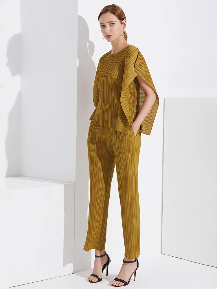 Pantaloni a vita alta a pieghe dritti larghi classici di design Miyake eleganti casual da donna primavera estate autunno disponibili