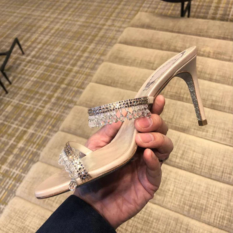 Sandali con ciondolo in cristallo pantofole a spillo da donna punta aperta tacchi alti sandali scarpe da sposa per feste femminili donna nuova estate