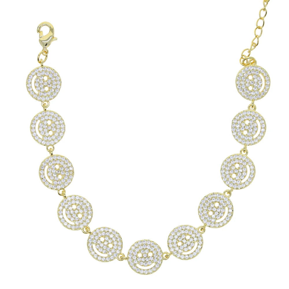 Braccialetti con ciondoli a disco con faccina sorriso felice, moda estiva, micro pavé di zirconi cubici, buona fortuna, per gioielli regalo di compleanno da donna