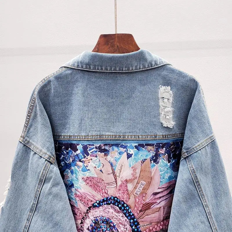 Giacca di jeans da donna cappotto con foro di diamanti Appliques floreali ricamo femminile primavera autunno Casual allentato capispalla da Cowboy