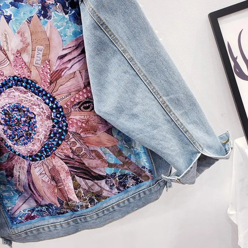 Giacca di jeans da donna cappotto con foro di diamanti Appliques floreali ricamo femminile primavera autunno Casual allentato capispalla da Cowboy