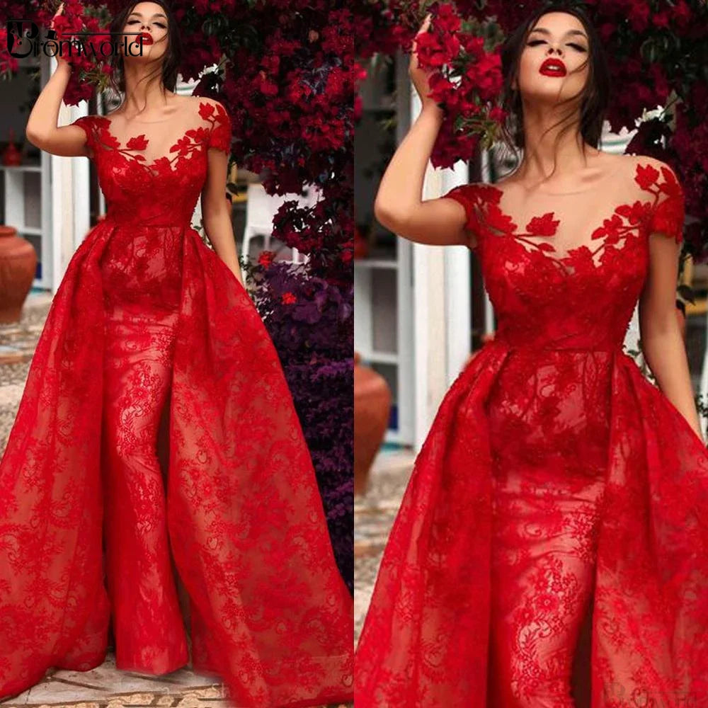 Abiti da ballo in pizzo rosso a maniche corte Abito formale a sirena Abito lungo con applicazioni staccabili Abiti da sera eleganti Robe De Soiree