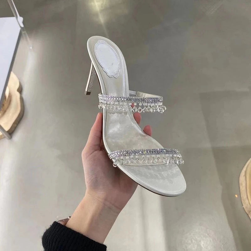Sandali con ciondolo in cristallo pantofole a spillo da donna punta aperta tacchi alti sandali scarpe da sposa per feste femminili donna nuova estate