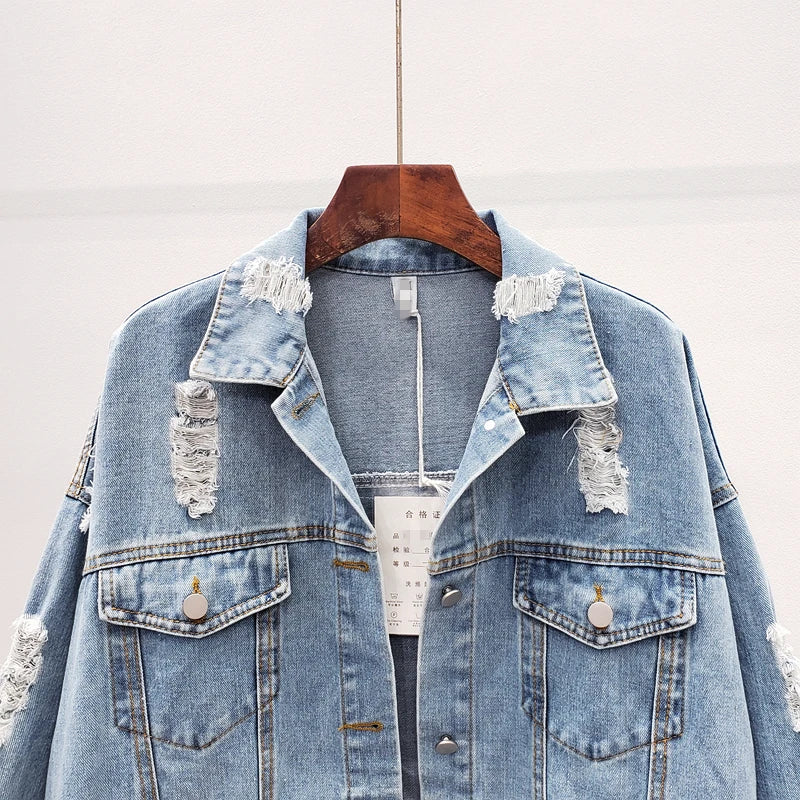 Giacca di jeans da donna cappotto con foro di diamanti Appliques floreali ricamo femminile primavera autunno Casual allentato capispalla da Cowboy