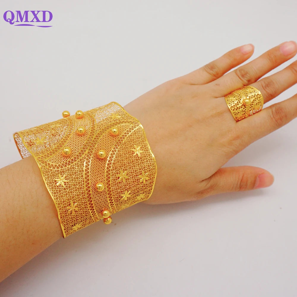Bracciale color oro Dubai con anello per donna Bracciale con polsino a catena con ciondoli Bracciale indiano Arabo Francia Regali di gioielli da sposa
