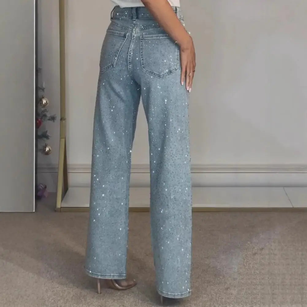 Jeans con perle finte per donna Pantaloni in denim elasticizzato a gamba dritta a vita alta Pantaloni larghi con perline a gamba larga casual Moda streetwear