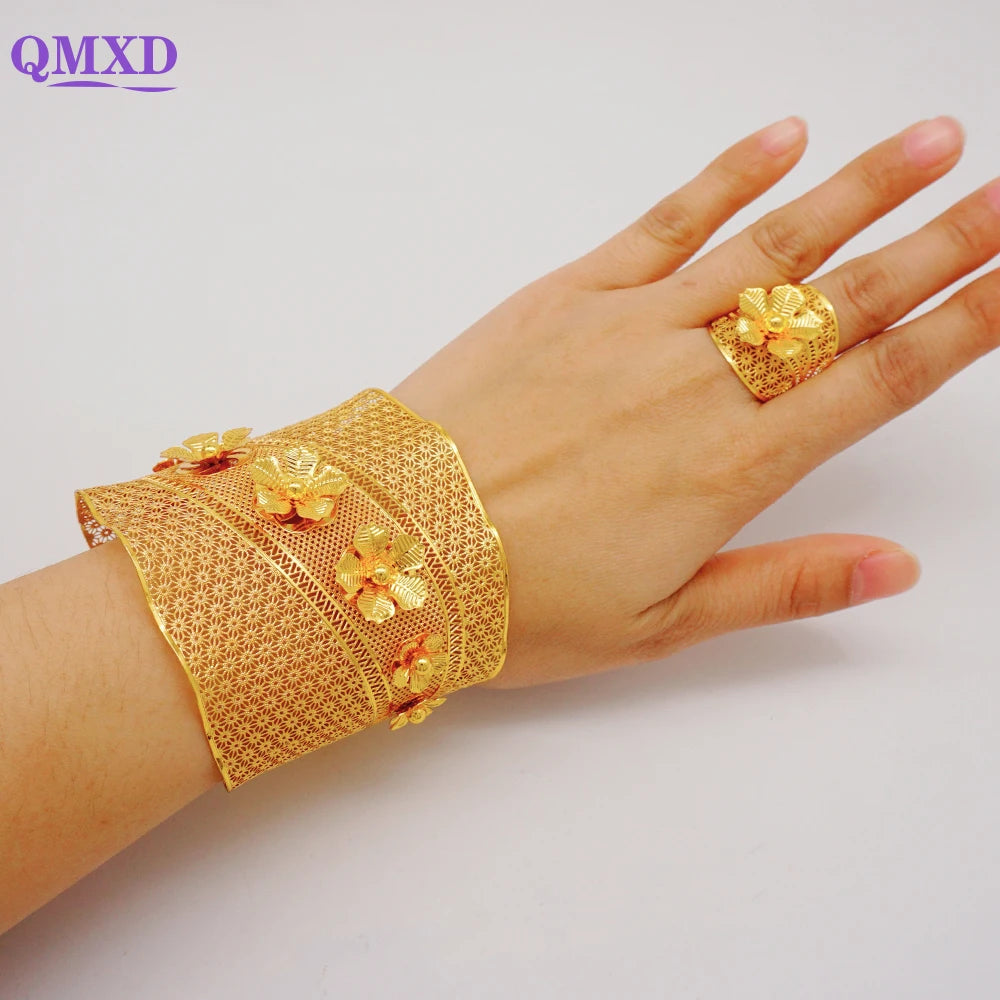 Bracciale color oro Dubai con anello per donna Bracciale con polsino a catena con ciondoli Bracciale indiano Arabo Francia Regali di gioielli da sposa