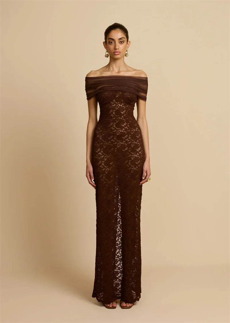Abito lungo sexy senza schienale con spalle scoperte in pizzo Abito da donna Elegante abito da club aderente diviso senza spalline senza spalline